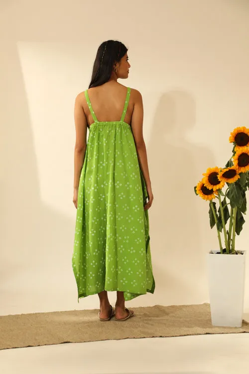 Bandhani Strappy Long Dress In Lime Green