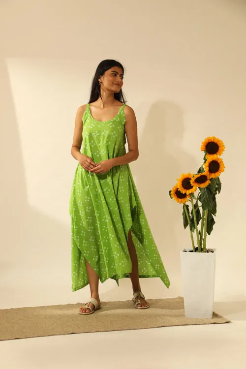 Bandhani Strappy Long Dress In Lime Green