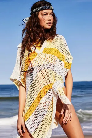 Bright Striped Printed Side Slit Collared V Neck Crochet Cover Up