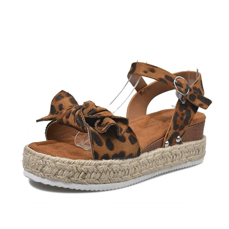 Chicvane Leopard Print Bowknot Wedge Sandals with Buckle