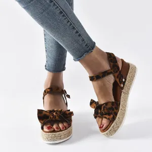 Chicvane Leopard Print Bowknot Wedge Sandals with Buckle