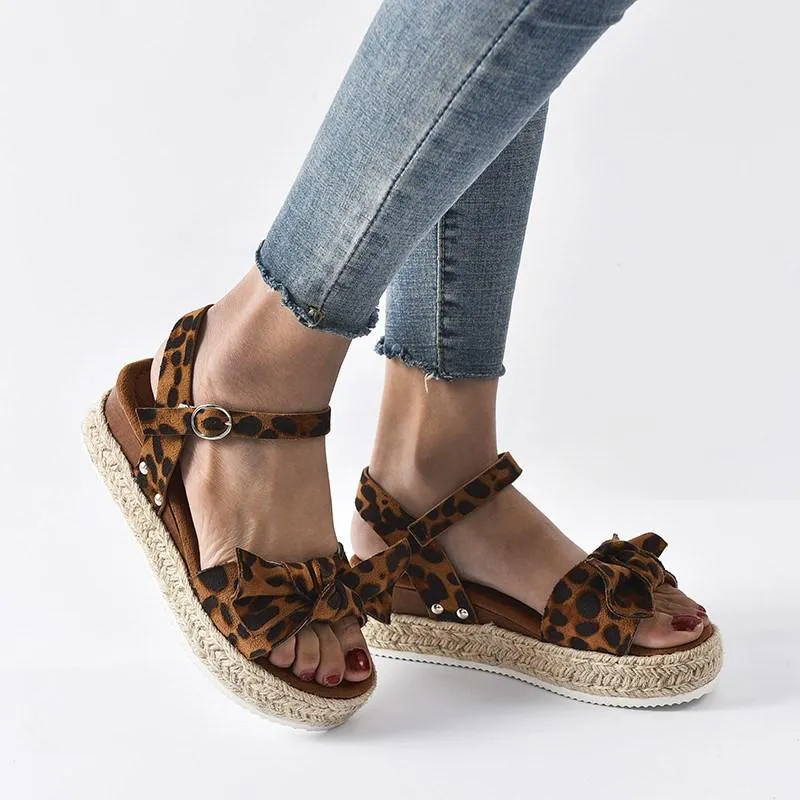 Chicvane Leopard Print Bowknot Wedge Sandals with Buckle