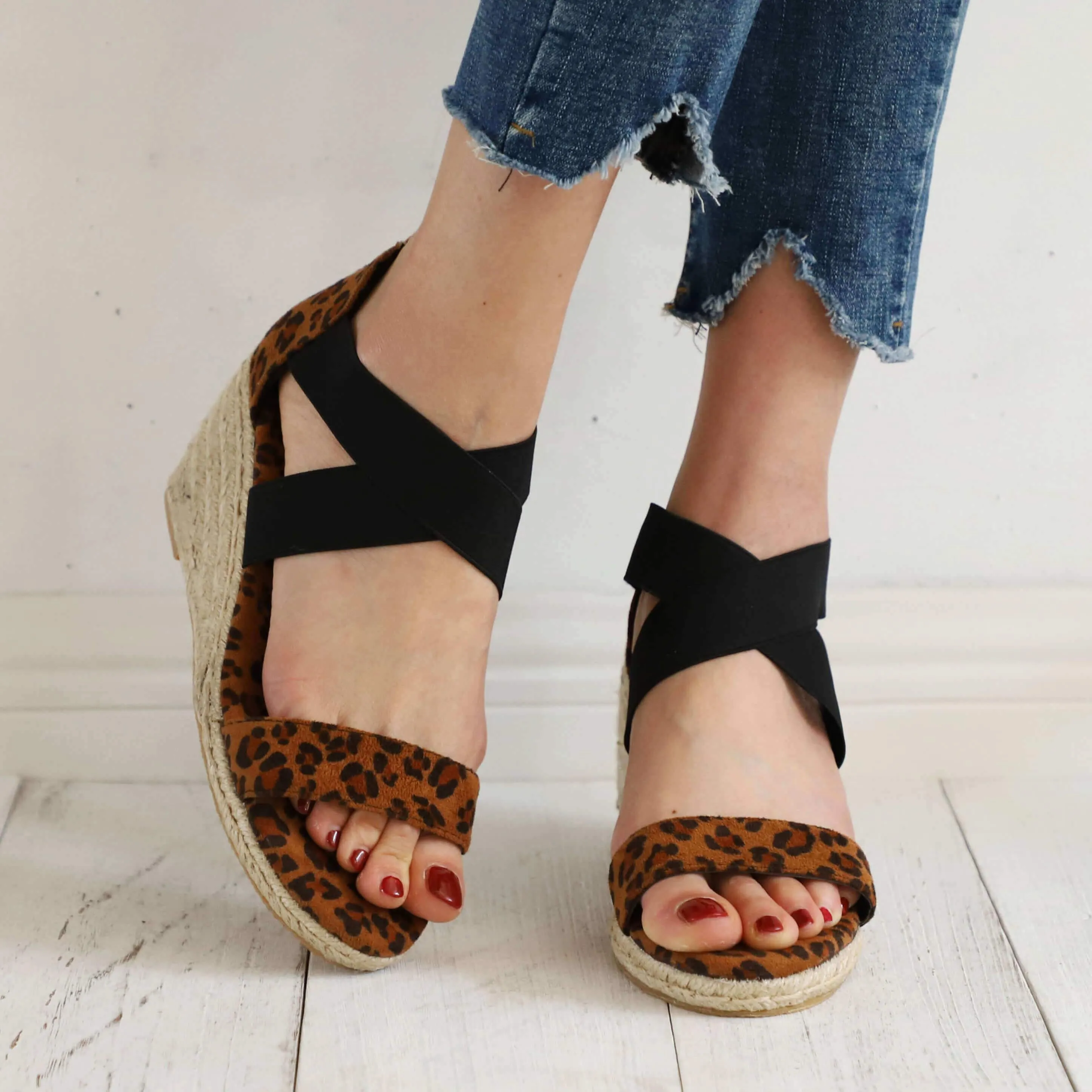 Chicvane Leopard Print Open Toe Zipper Wedge Sandals Espadrille Sandal