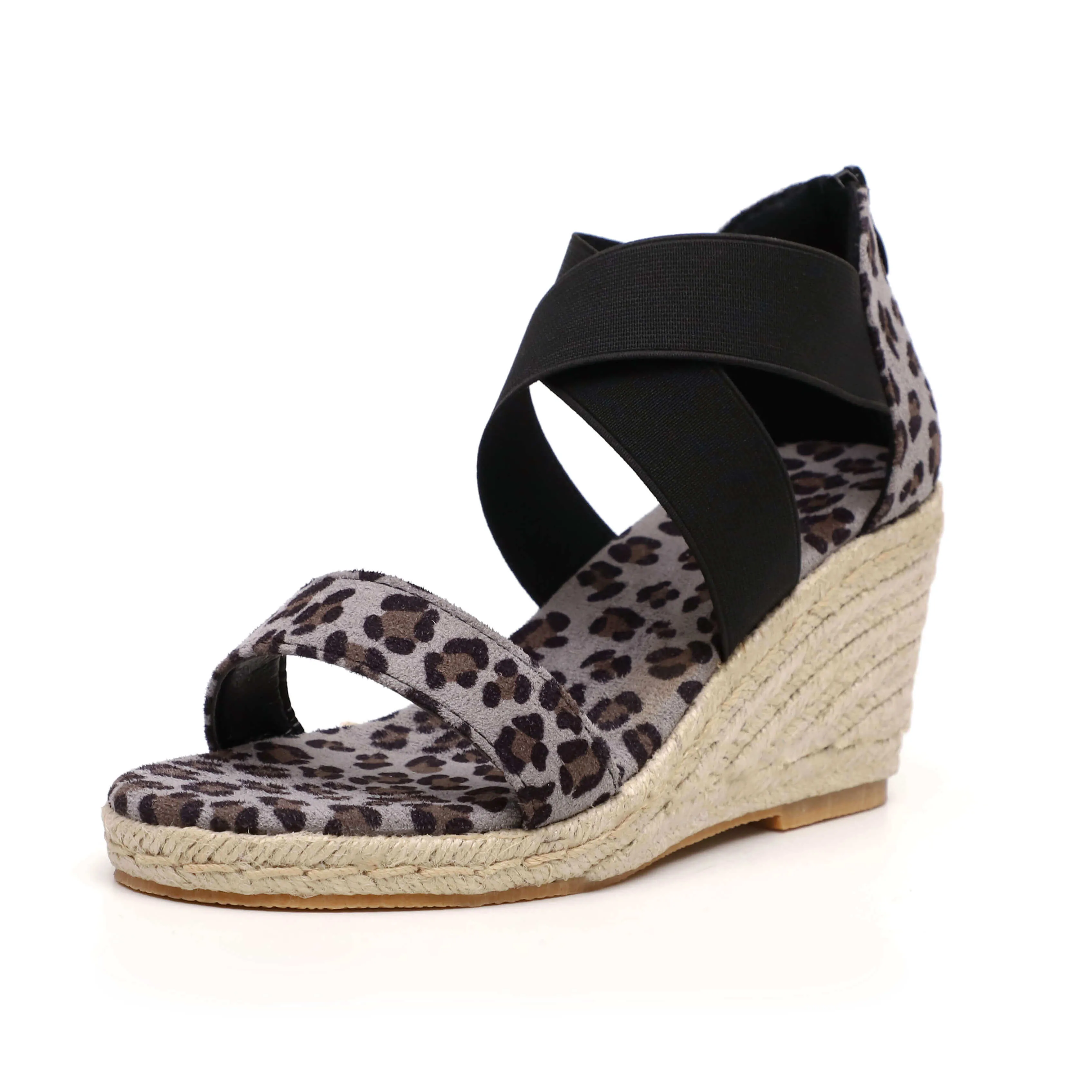 Chicvane Leopard Print Open Toe Zipper Wedge Sandals Espadrille Sandal