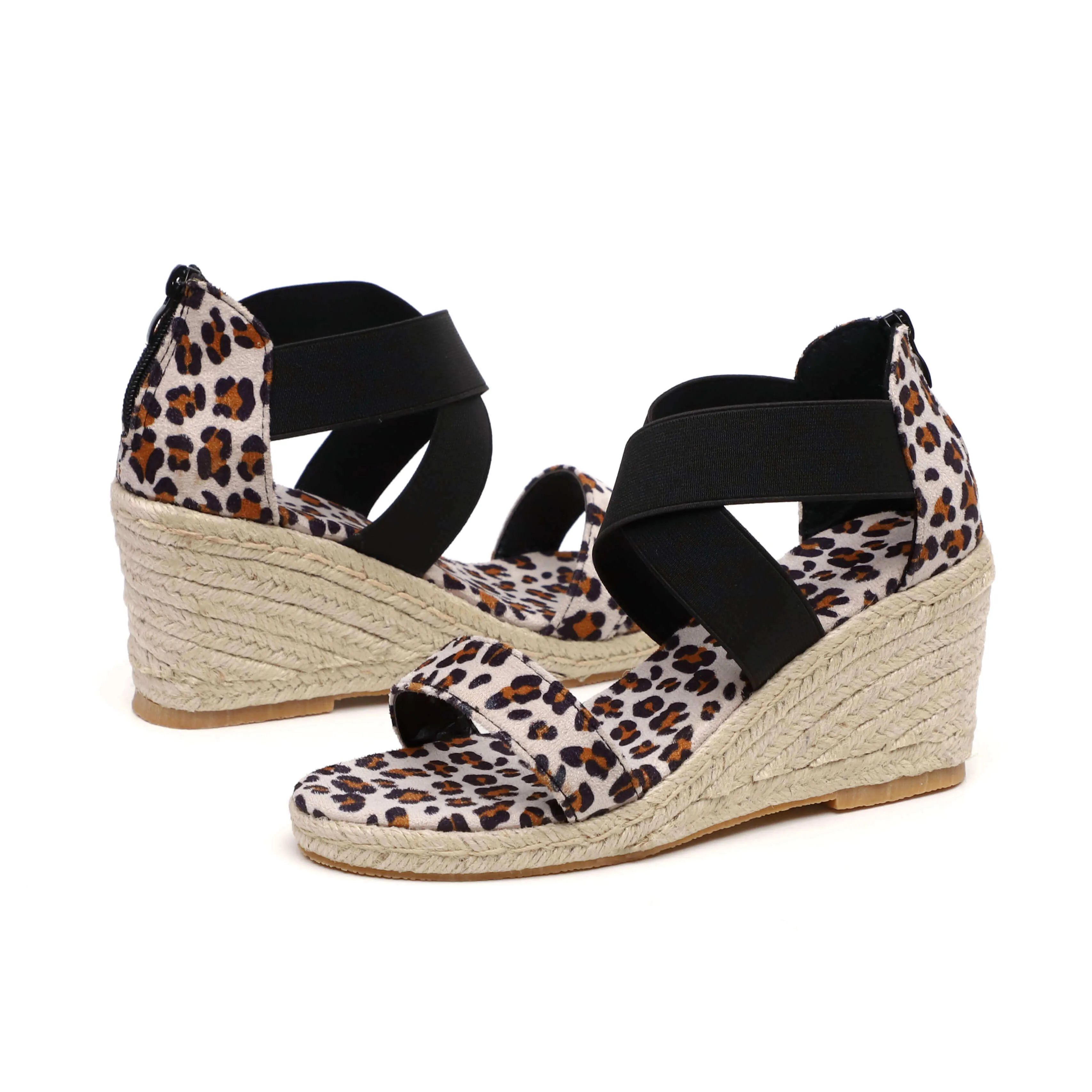 Chicvane Leopard Print Open Toe Zipper Wedge Sandals Espadrille Sandal