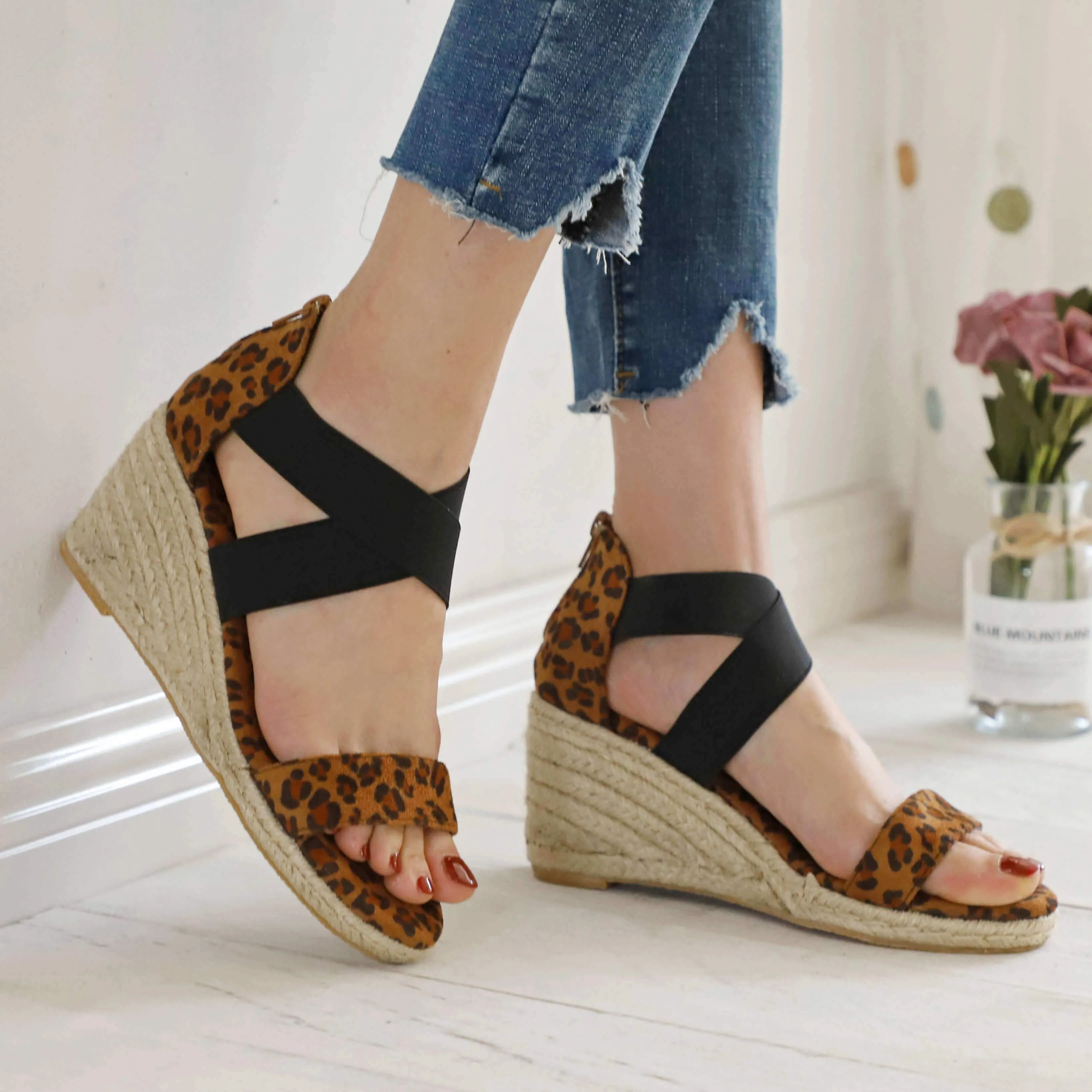 Chicvane Leopard Print Open Toe Zipper Wedge Sandals Espadrille Sandal