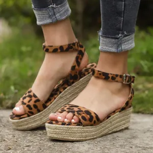 Chicvane Leopard Printed Open Toe Ankle Strap Wedge Sandals Espadrille Sandal