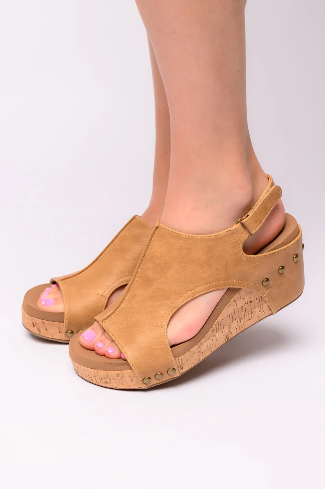 Corkeys Carley Wedge Sandals in Caramel Smooth