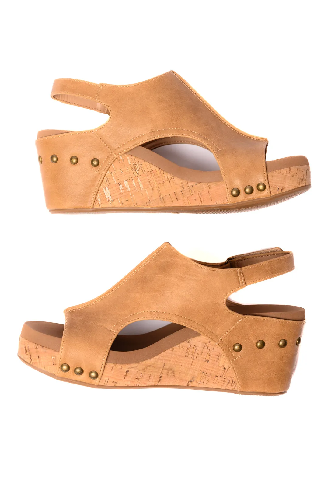 Corkeys Carley Wedge Sandals in Caramel Smooth