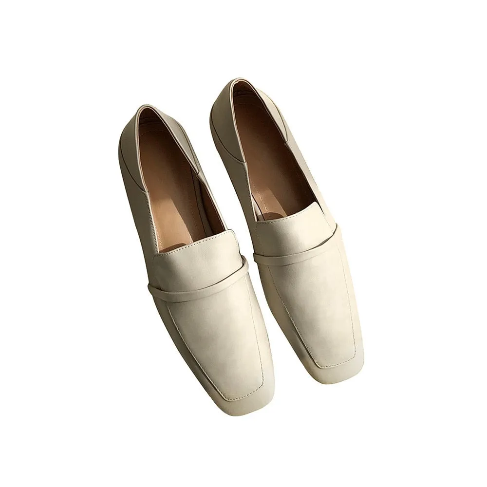 MEZEREON Cow Leather Square Toe Women Flats Casual Loafers Women Shoe Without Heel Spring Autumn Mules Woman Simple Shoes