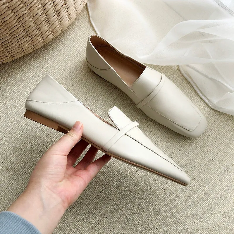 MEZEREON Cow Leather Square Toe Women Flats Casual Loafers Women Shoe Without Heel Spring Autumn Mules Woman Simple Shoes