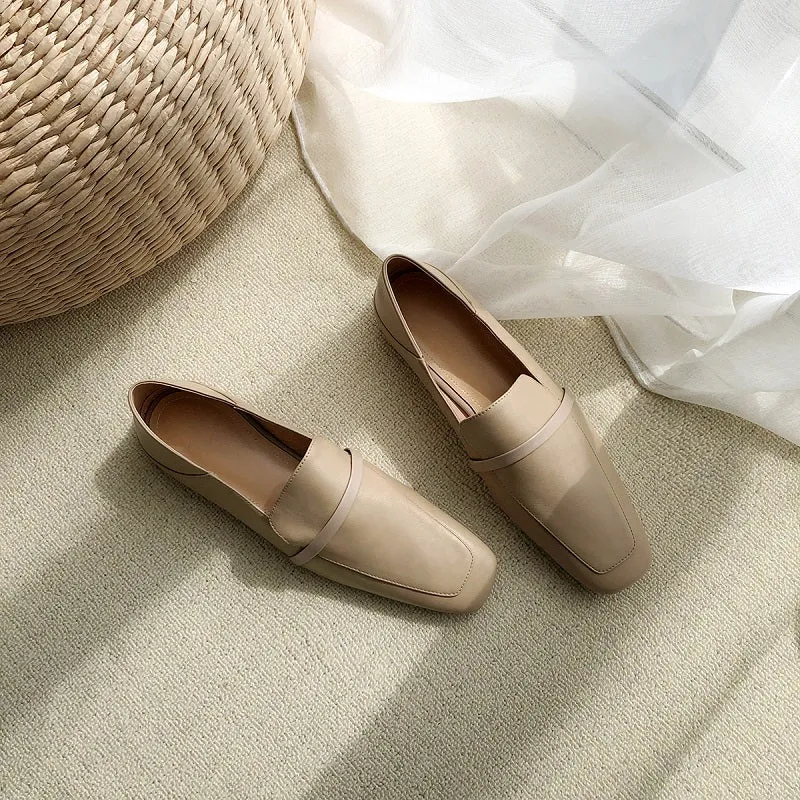 MEZEREON Cow Leather Square Toe Women Flats Casual Loafers Women Shoe Without Heel Spring Autumn Mules Woman Simple Shoes