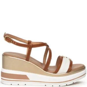 NeroGiardini Tan Leather Crossover Wedge Sandals