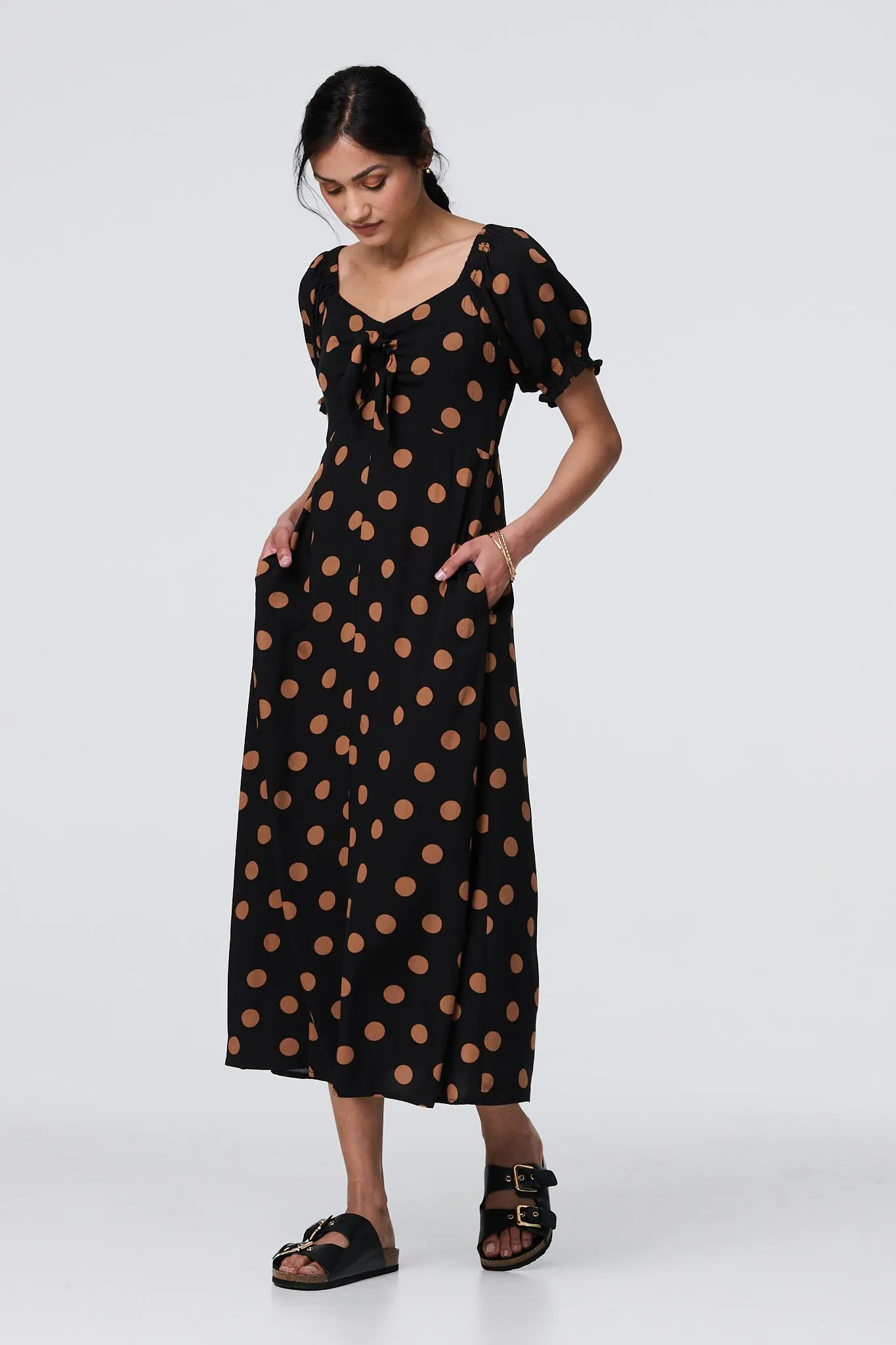 Polka Dot Puff Sleeve Midi Dress