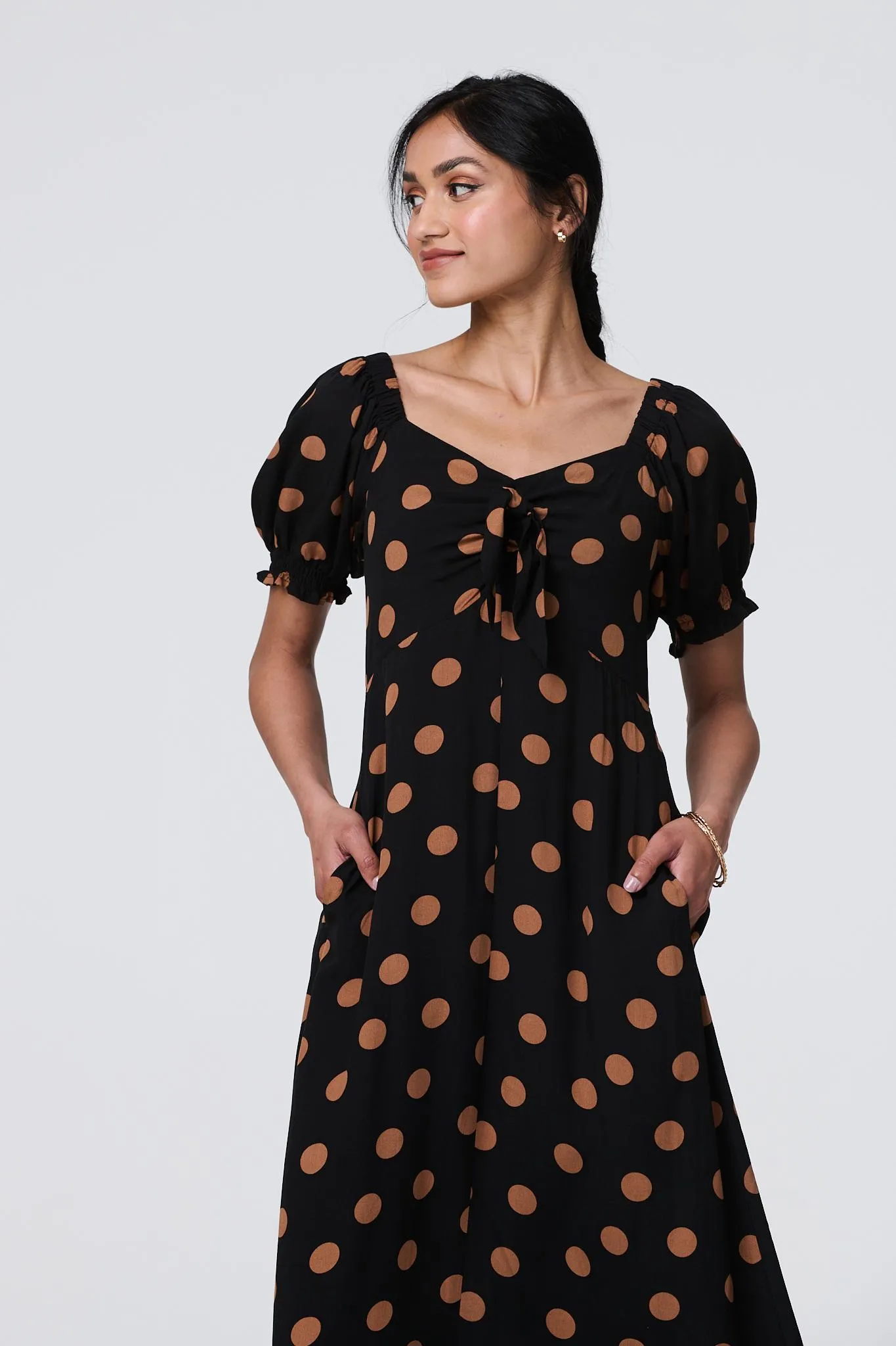 Polka Dot Puff Sleeve Midi Dress