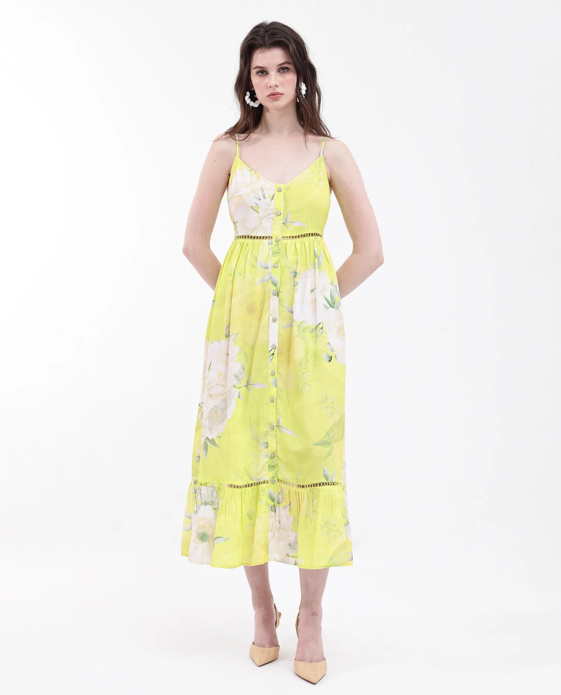 Rareism Women Galina Flouroscent Green Viscose Fabric Noodle Strap Floral Print Maxi Longline Dress