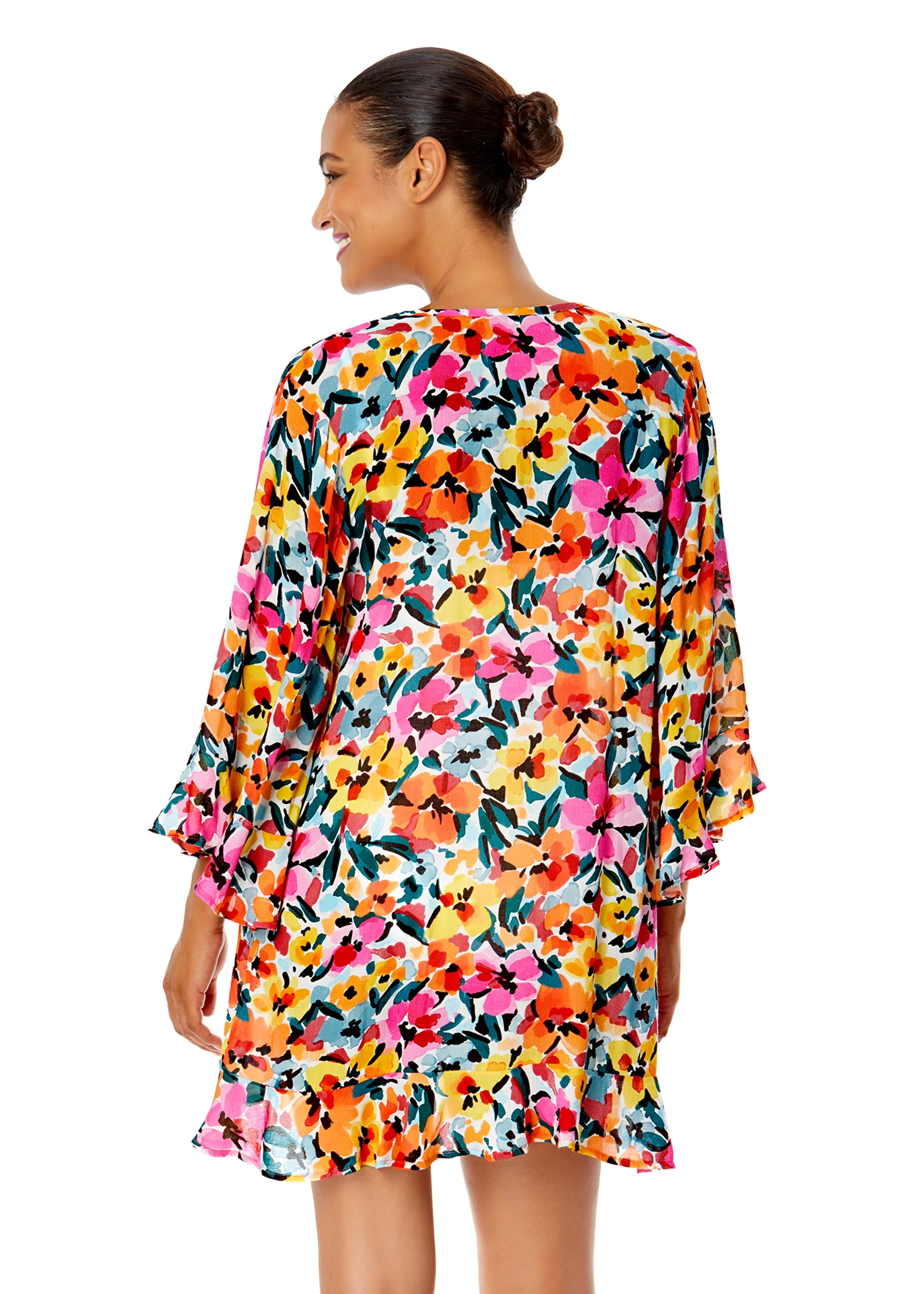 Women's Gradient Floral Flounce V Neck Tunic Swimsuit Cover Up