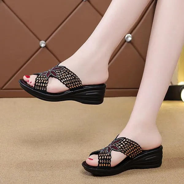 Women's Retro Casual Rhinestone Wedge Slippers 82998543S