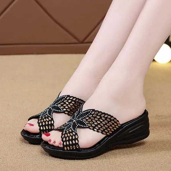 Women's Retro Casual Rhinestone Wedge Slippers 82998543S