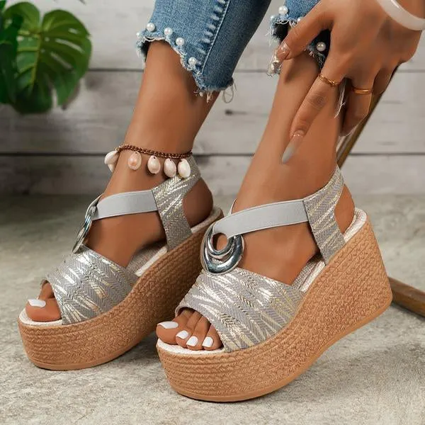 Women's Ring Retro Elastic Strap Thick Soled Sandals 23517825S