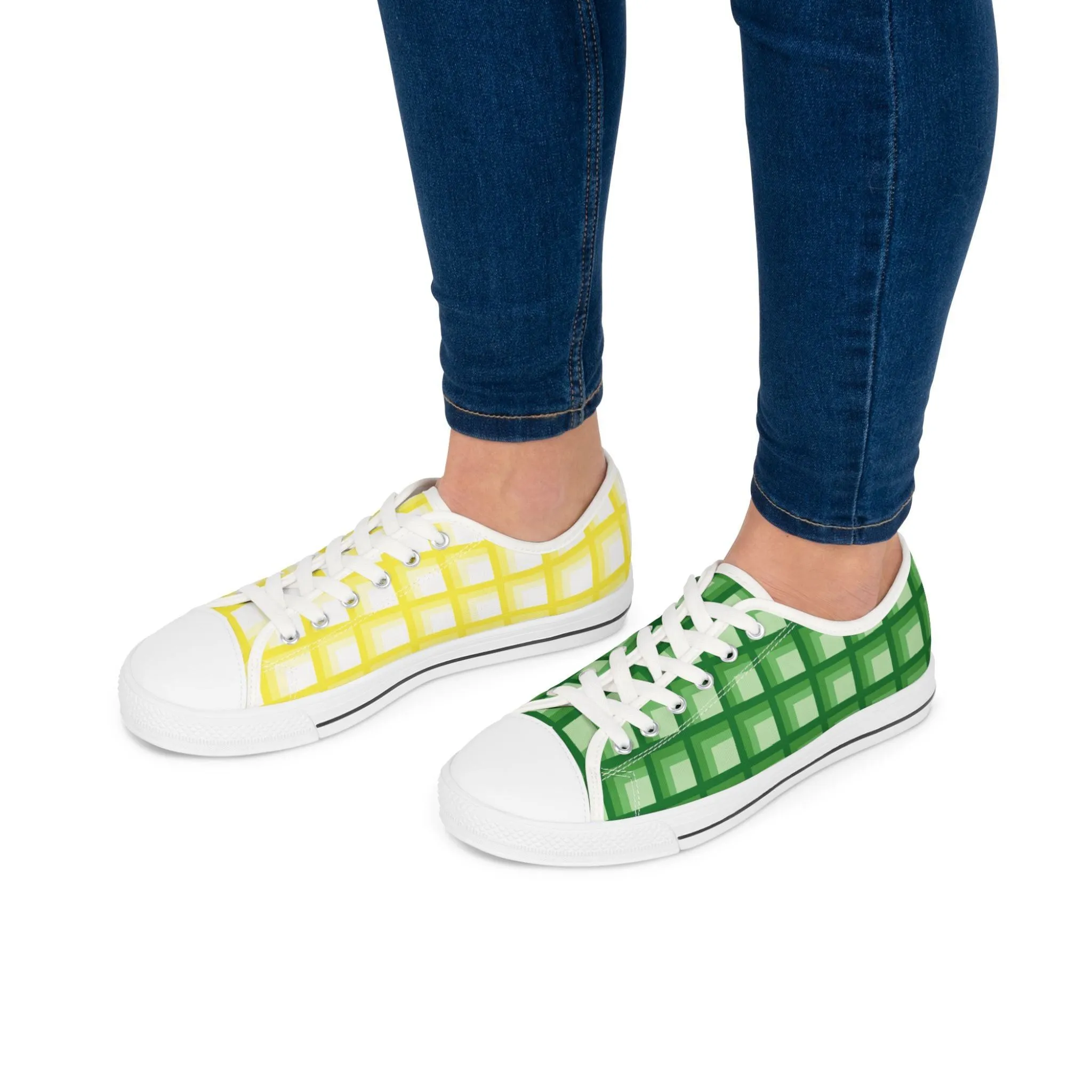 Women's Yellow & Green Mismatched Geometric Low Top Sneakers